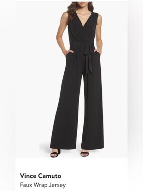 Vince Camuto Black Faux Wrap Jersey Wide-Leg Jumpsuit Size Small